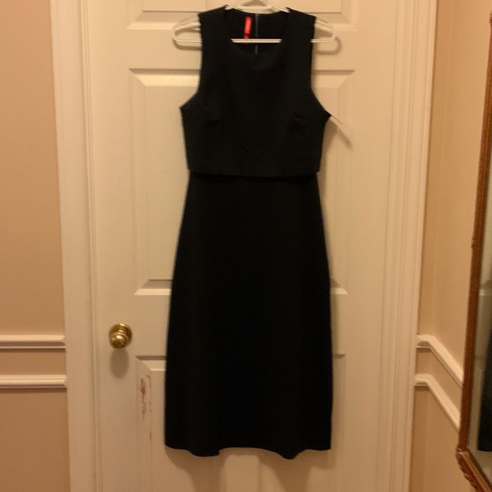 SPANX Ponte Overlay Fitted Midi Classic Sleeveless Navy Dress